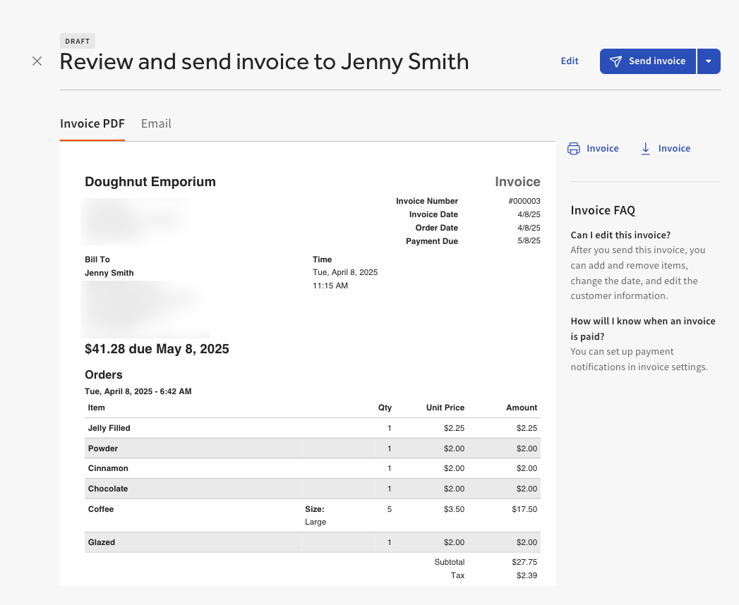 Shows the invoice PDF of an invoice in Toast Web.
