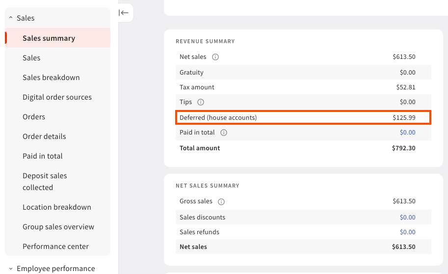 Shows the Deferred (house accounts) row in the Sales Summary report in Toast Web.