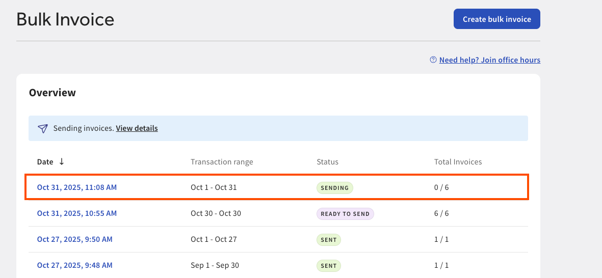 Shows the Bulk invoice page with an invoice with a status of SENDING emphasized in Toast Web.