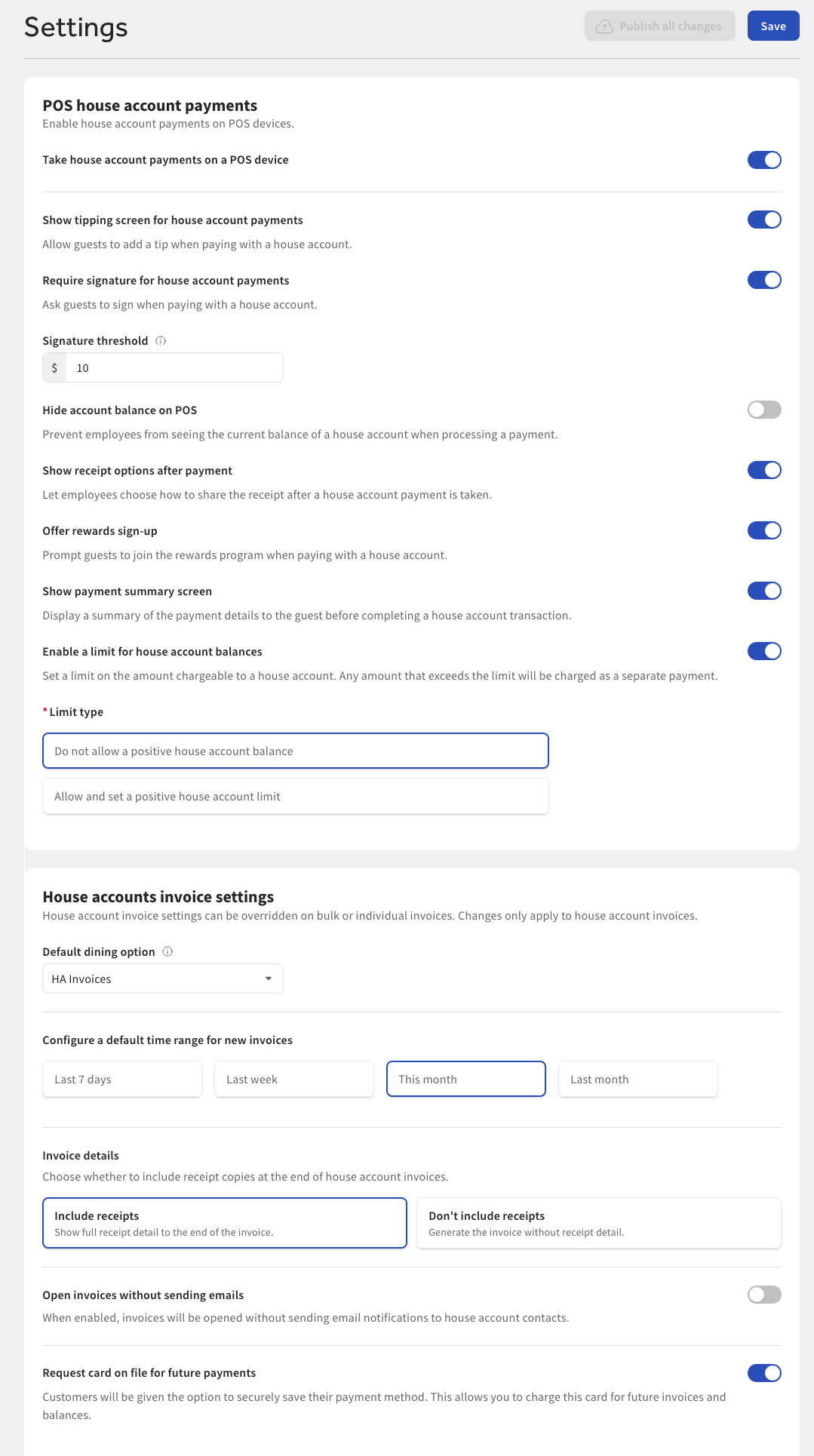 The House accounts Settings page in Toast Web.