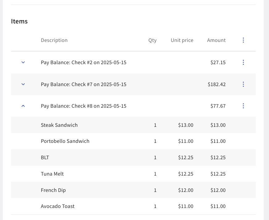 Shows the items in a check on the Order tab in Toast Web.