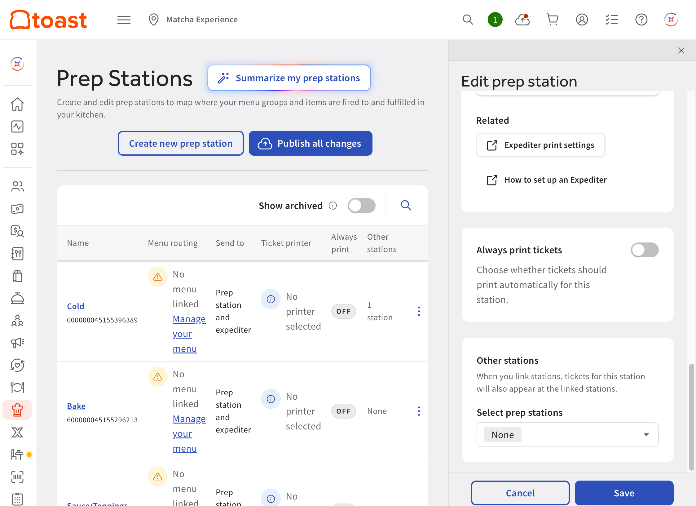 An example of the Edit prep station pane on the Prep stations page in Toast Web.