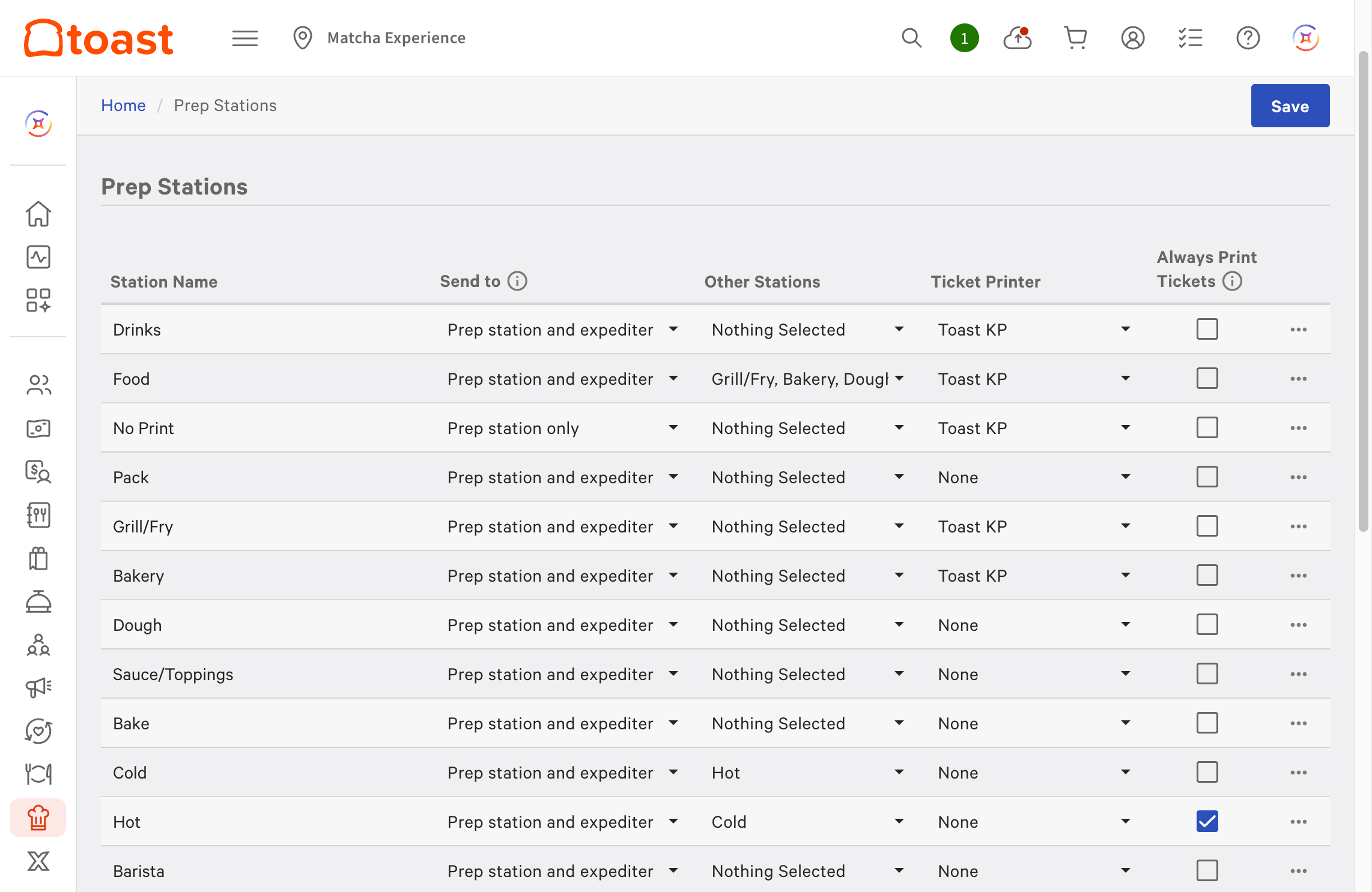An example of the legacy Prep stations configuration page in Toast Web.