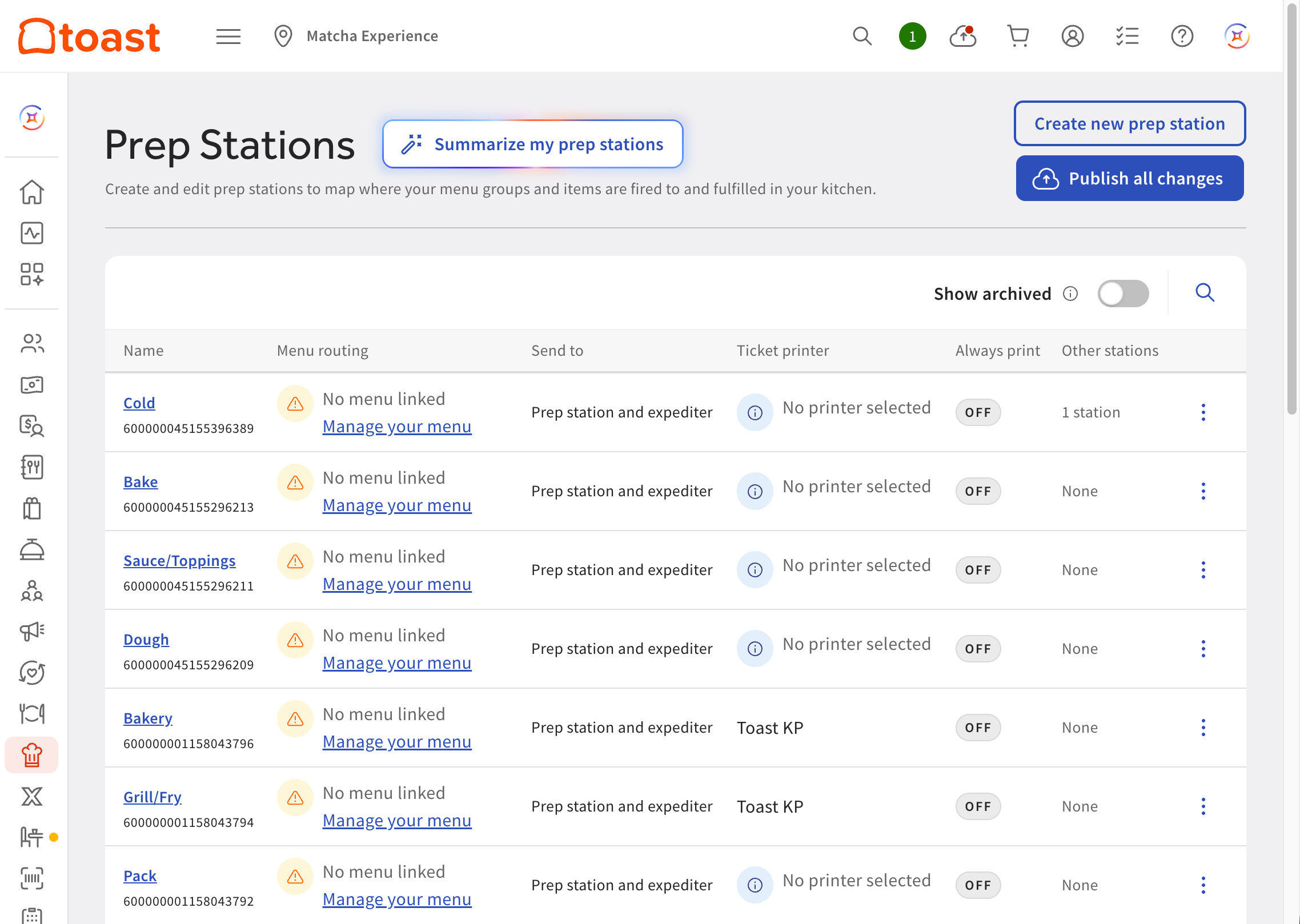 An example of the Prep stations configuration page in Toast Web.