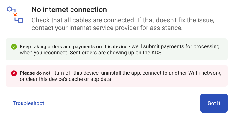 The dialog informing you what you can and cannot do during an internet service disruption.