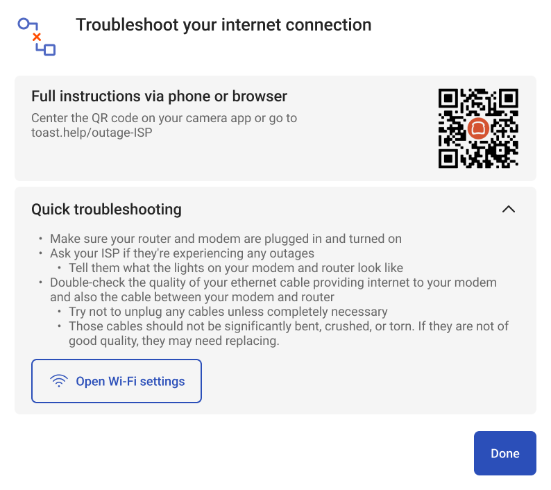 The dialog informing you how to access troubleshooting information for an internet service disruption and some troubleshooting methods.