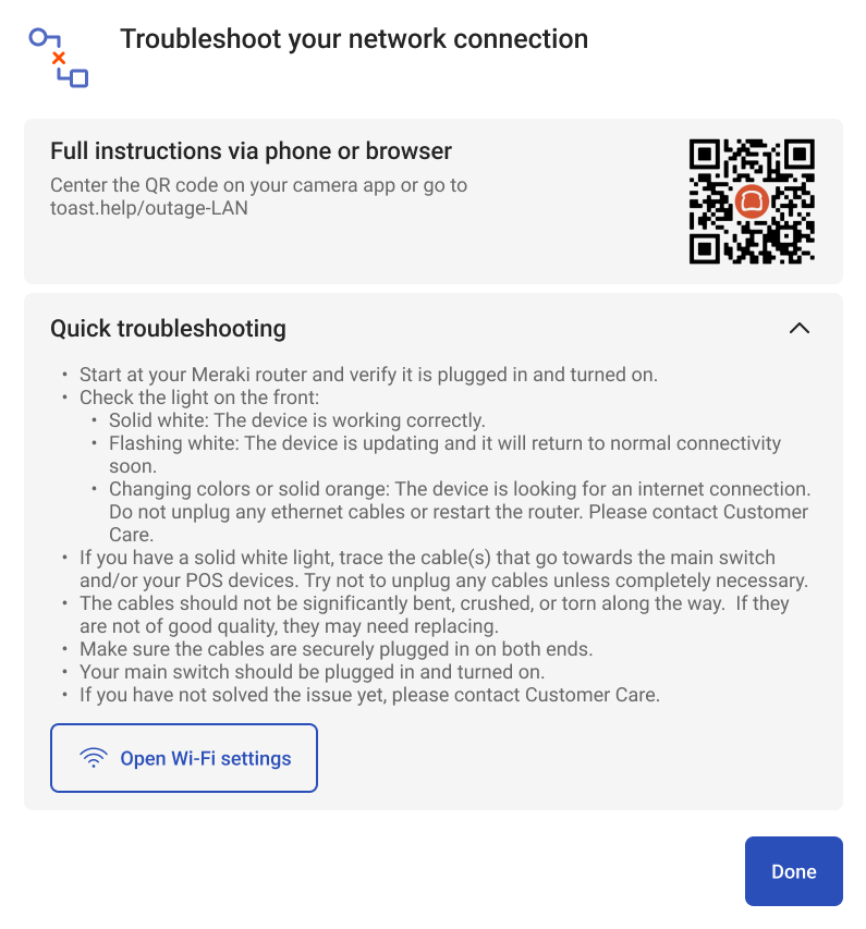 The dialog informing you how to access troubleshooting information for a local network disruption and some troubleshooting methods.