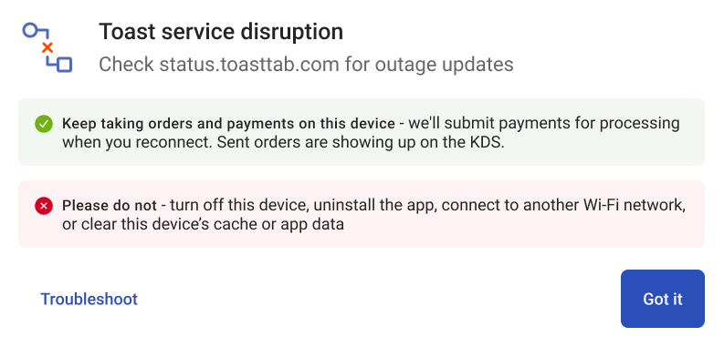 The dialog informing you what you can and cannot do during a Toast platform cloud-based service disruption.