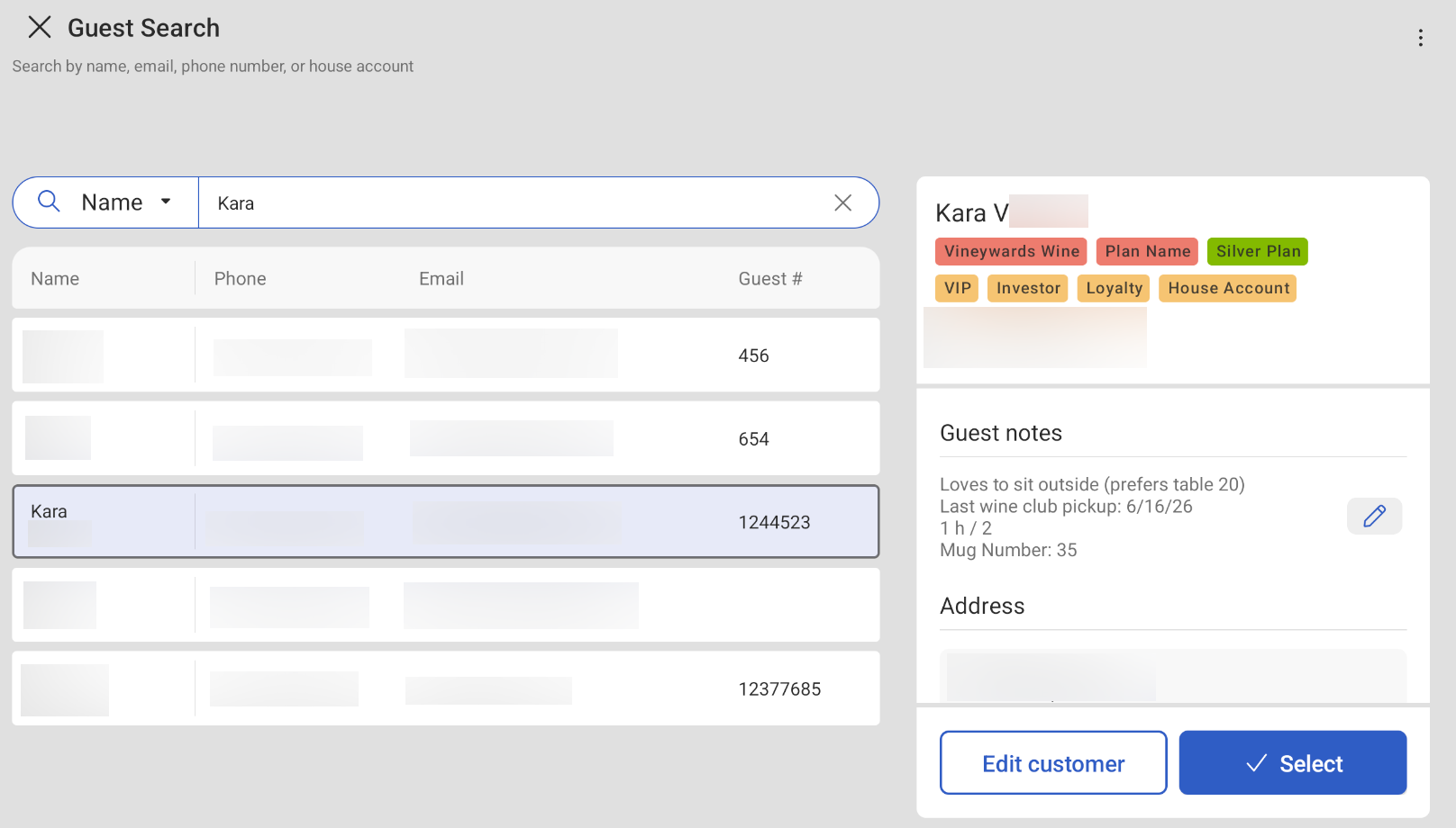 The Guest search screen on a Toast POS device.