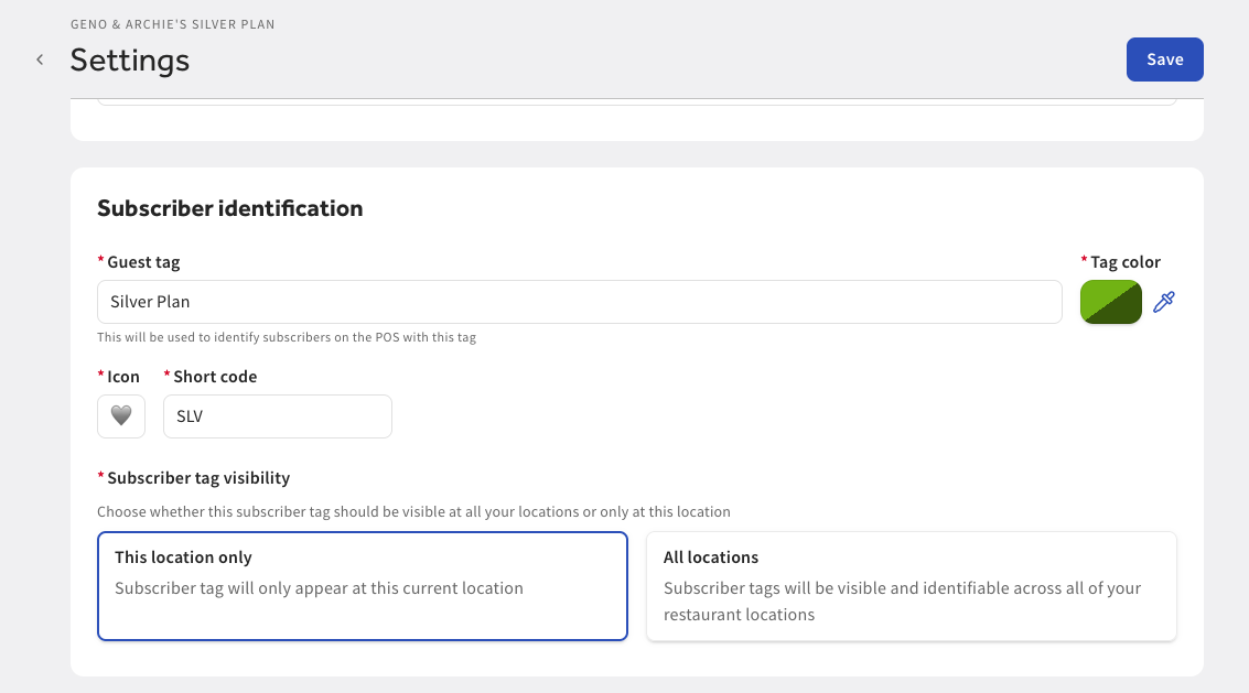 The Subscriber identification section on the Subscription plan settings page in Toast Web.