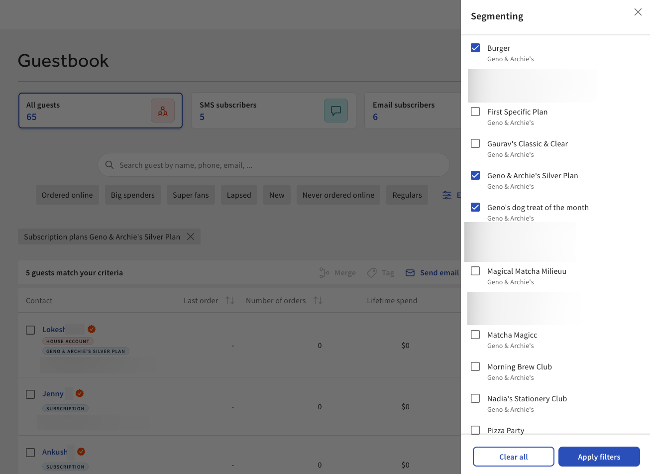 The Guestbook filter pane in Toast Web.