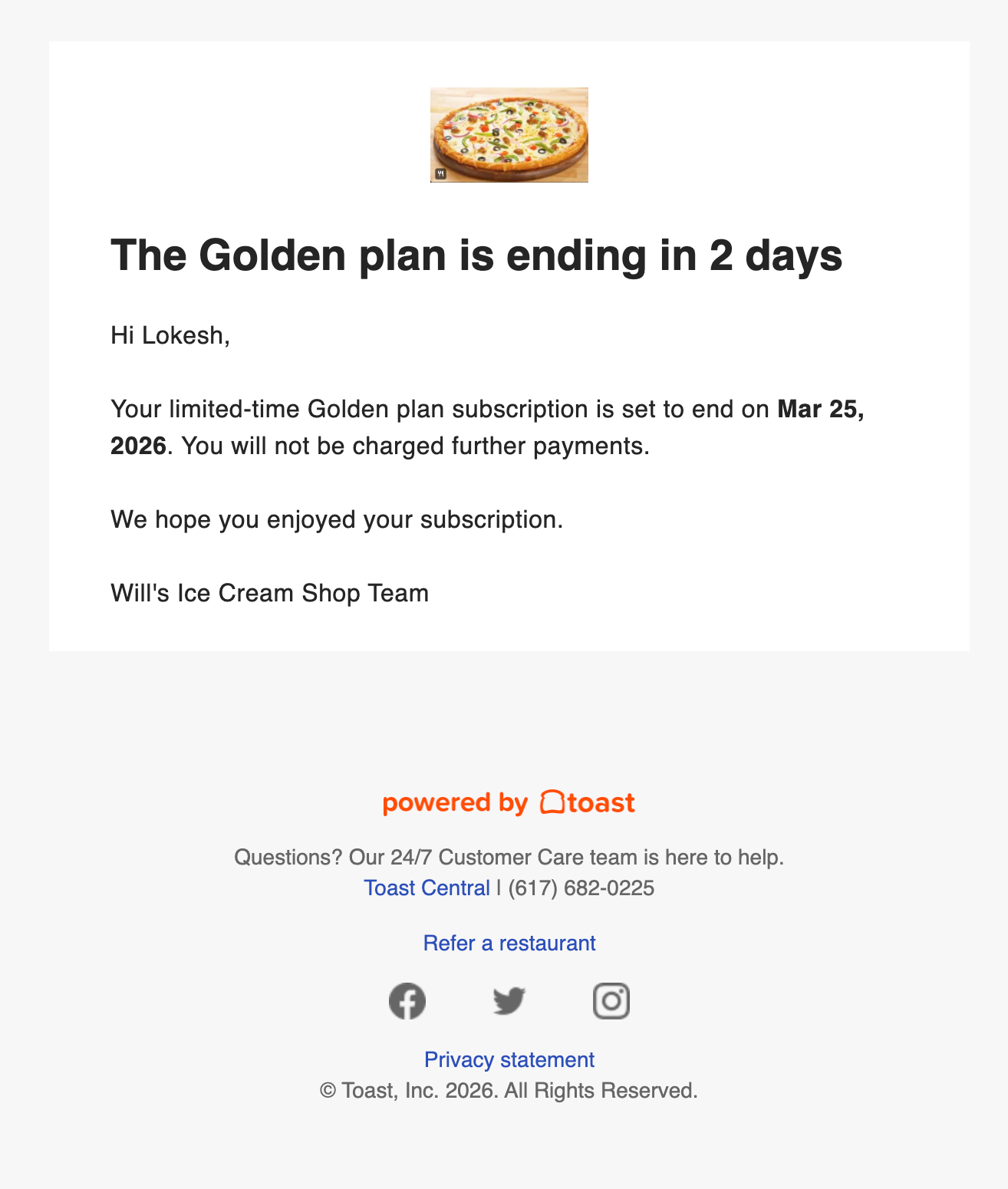 An example of the limited-time subscription plan expiration confirmation email.