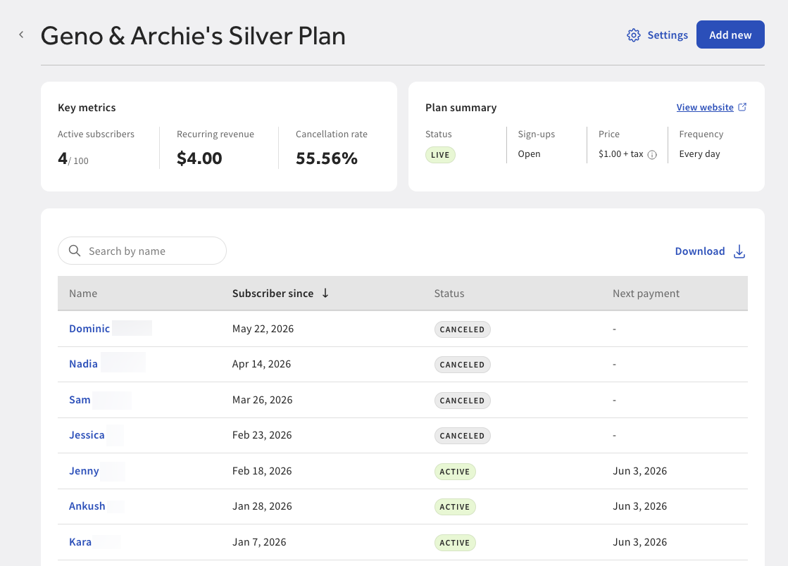 The Subscription plan page in Toast Web.