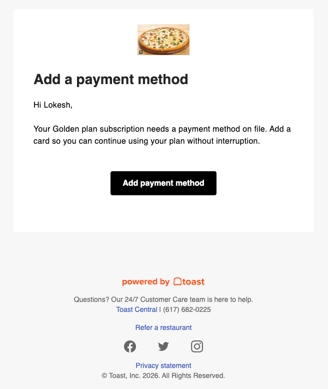 An example of the add a payment method email.