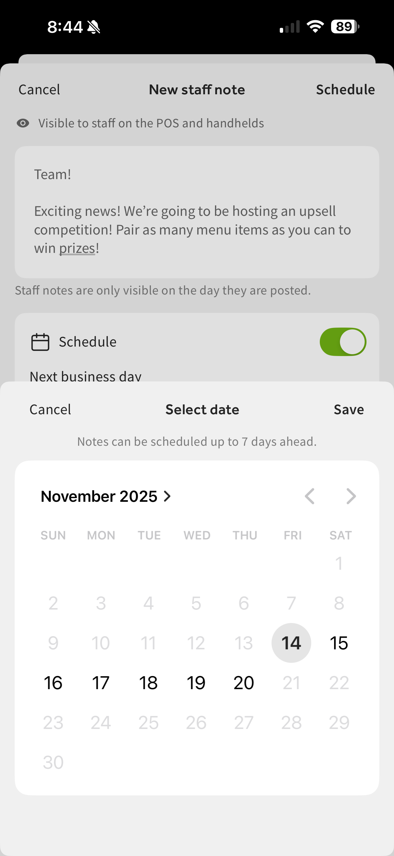 Shows a staff note and the date picker in the Toast Now app.