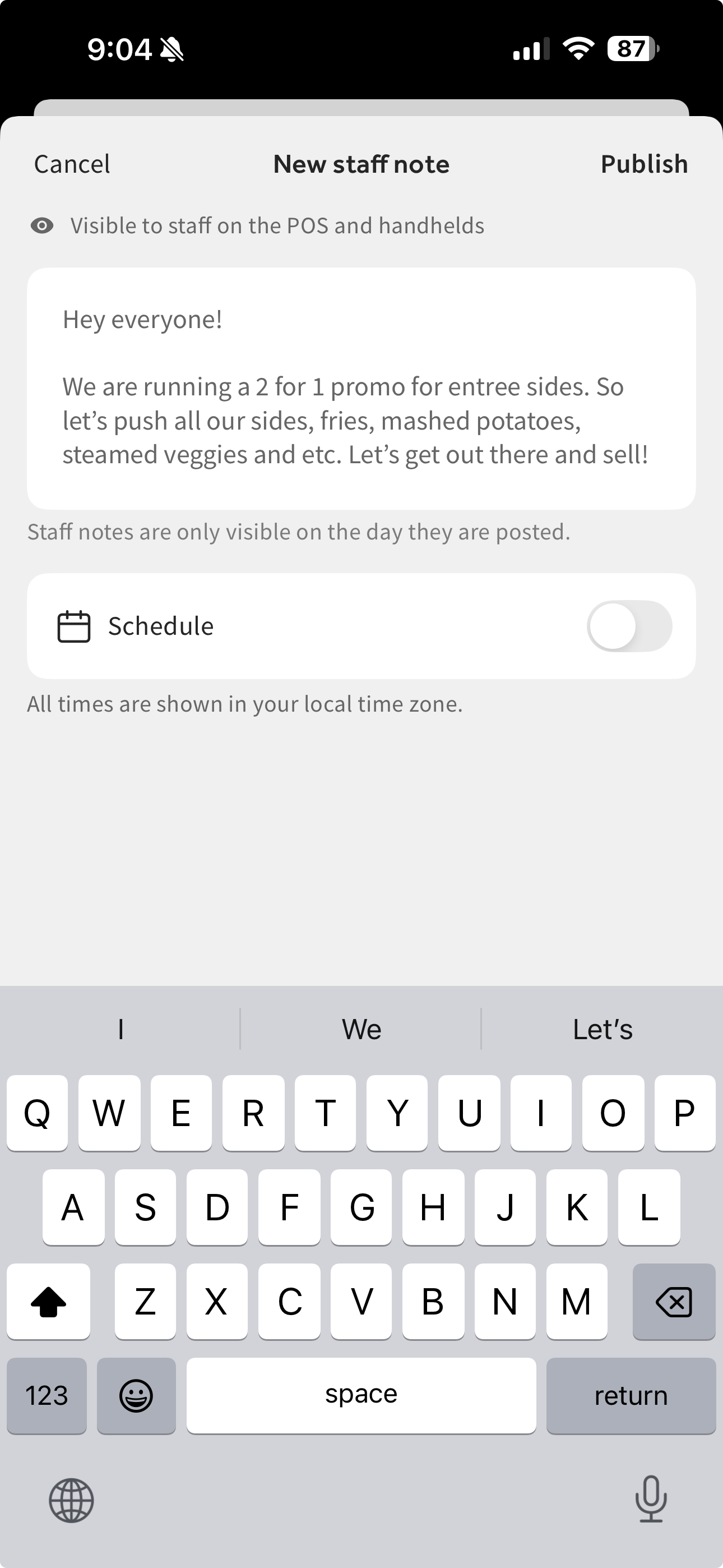 Shows a staff note on the New staff note screen in the Toast Now app.