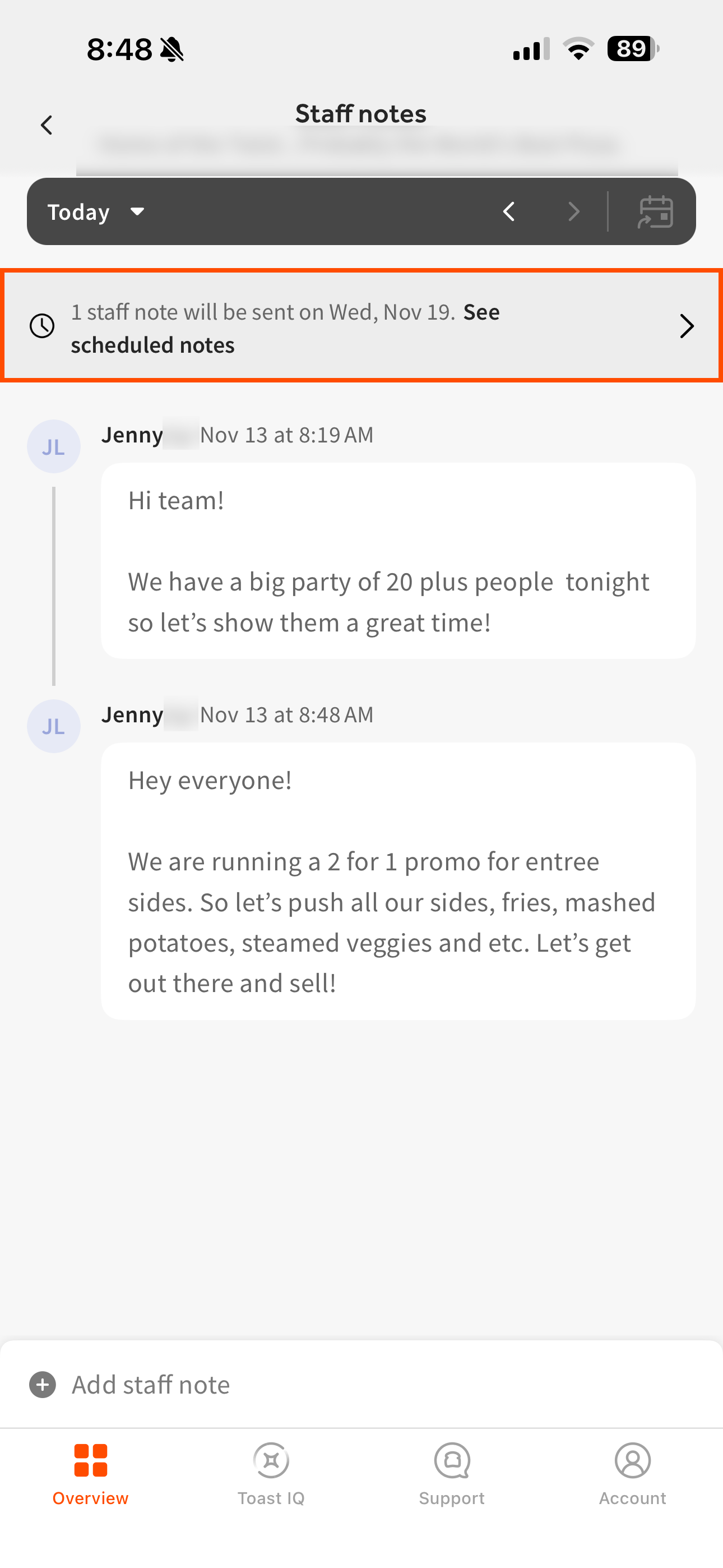 Shows a scheduled staff note notification in the Toast Now app.