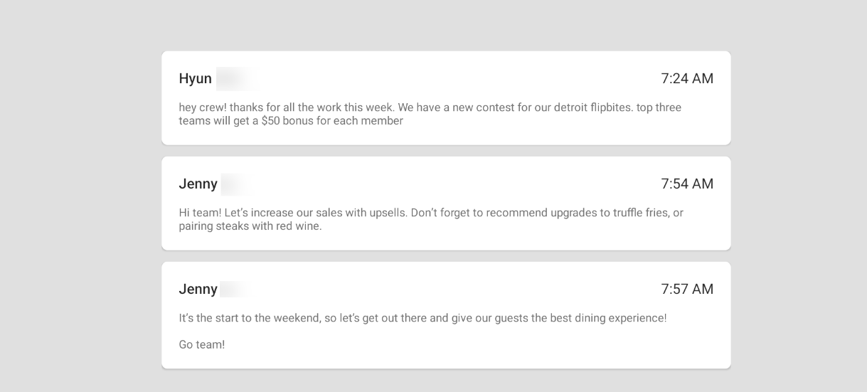 Shows staff notes on a Toast POS device.