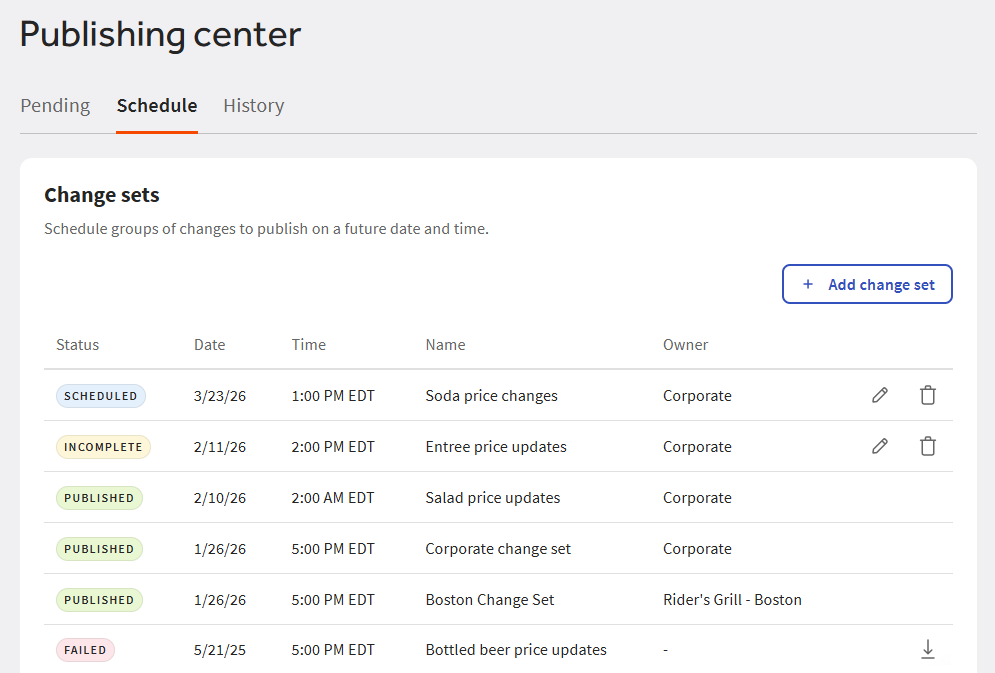 Example of the Publishing center page showing the Schedule tab.