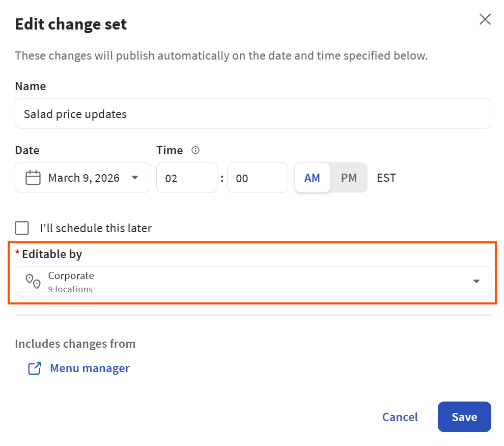 Example showing the location of the Editable by setting in the Edit change set dialog.