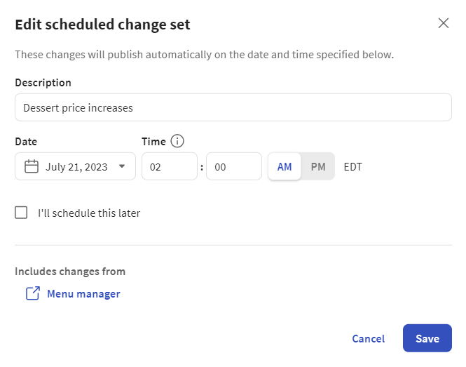 Example of the metadata for a change set