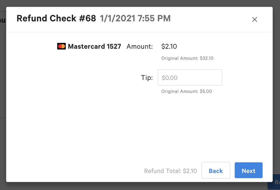 Screen to optionally refund some or all of the tip in addition to the tax