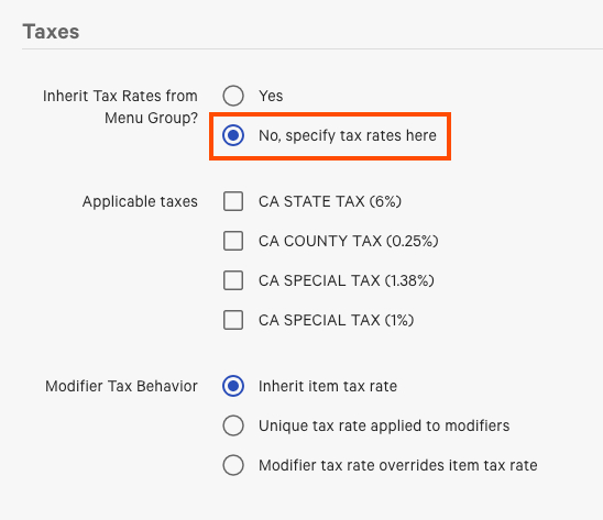 Selecting the option to specify tax rates here.