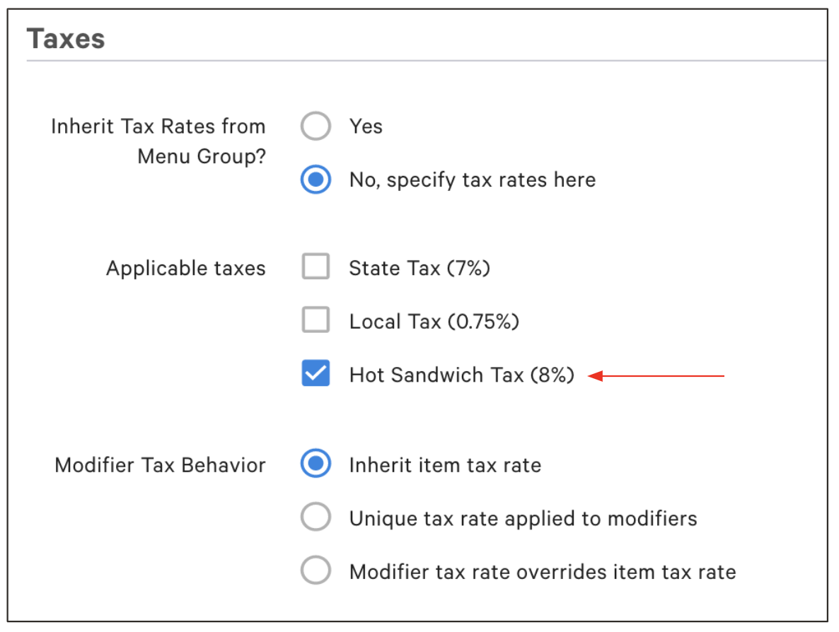 Selecting a configured tax rate for the modifier.