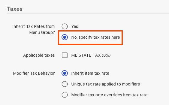 Selecting the option to specify tax rates here.