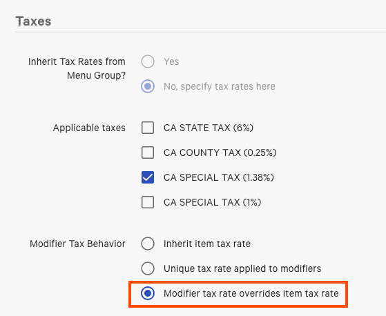 Selecting the override tax tax rate for the modifier.