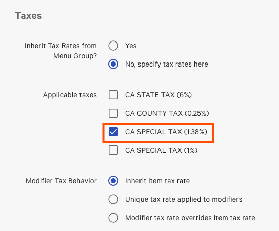 Selecting a configured tax rate for the modifier.