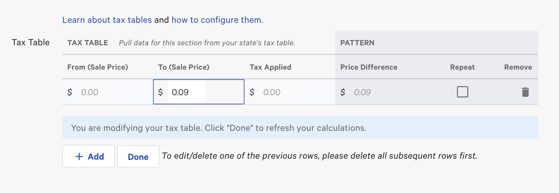 Configuring the first (no-tax) bracket when building the Tax Table in the New tax rate page.