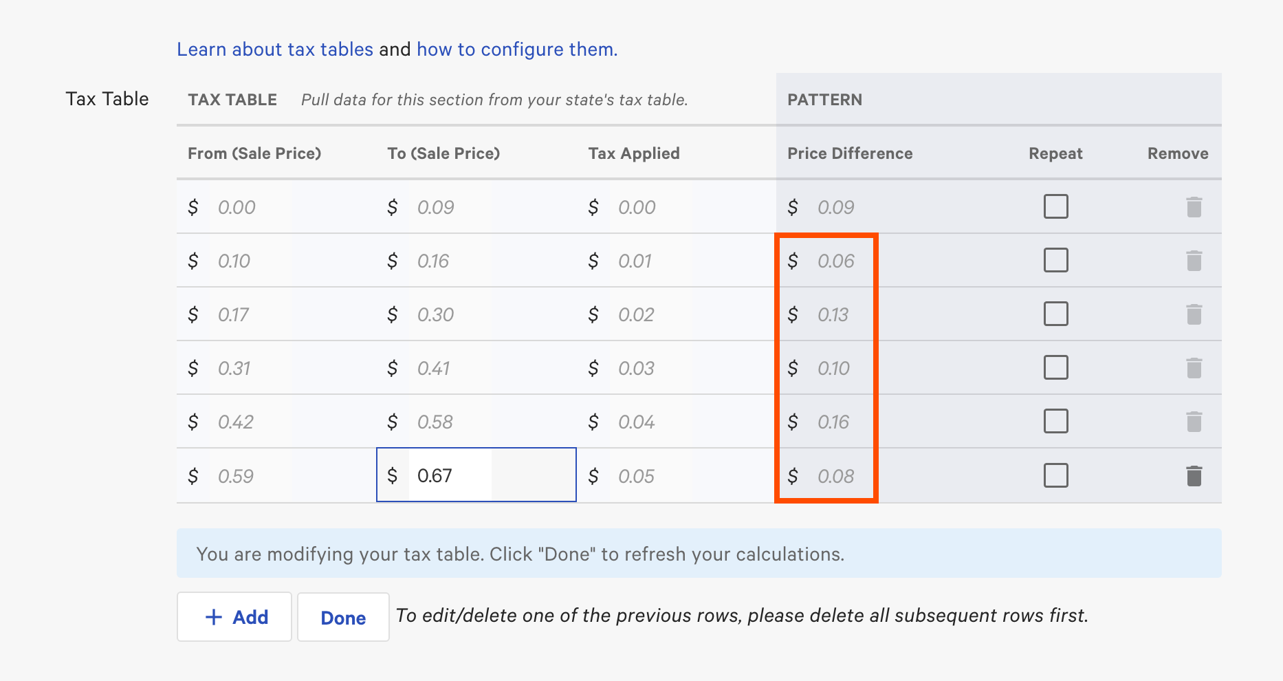 Finding the tax pattern when building the Tax Table in the New tax rate page.