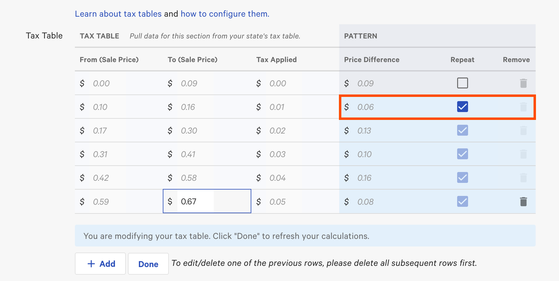 Finding the tax pattern when building the Tax Table in the New tax rate page.