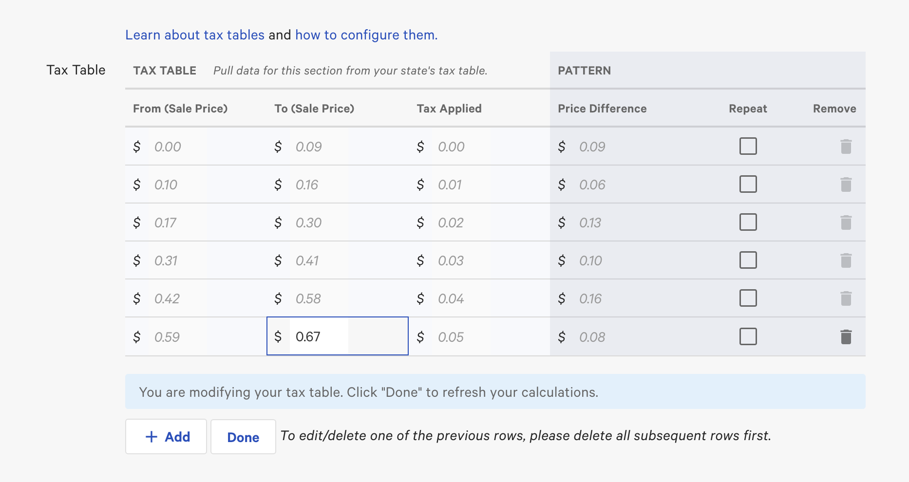 Continue adding tax brackets when building the Tax Table in the New tax rate page.