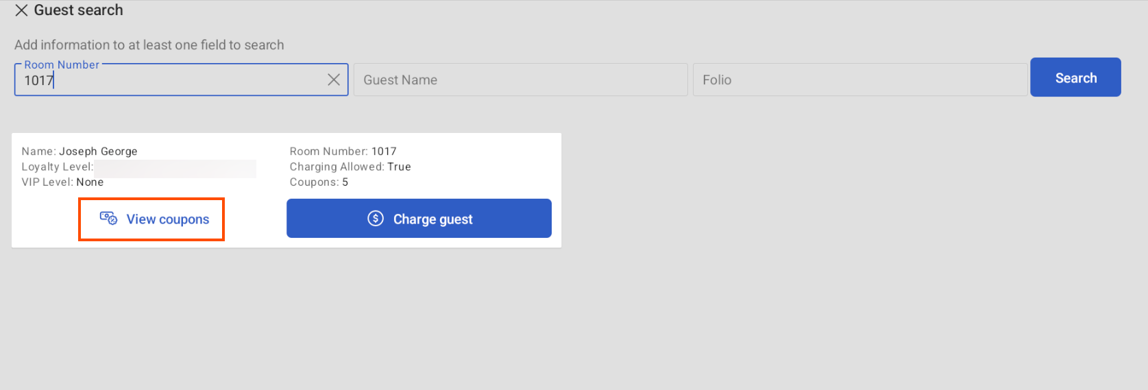 This image emphasizes the View coupons link on the Guest search screen.