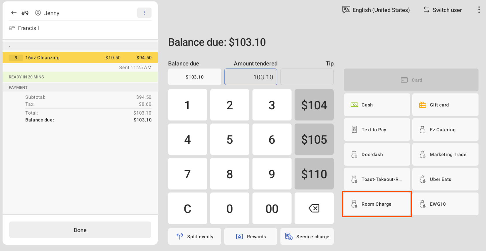 This image emphasizes the Room charge button on the Payment Terminal screen.