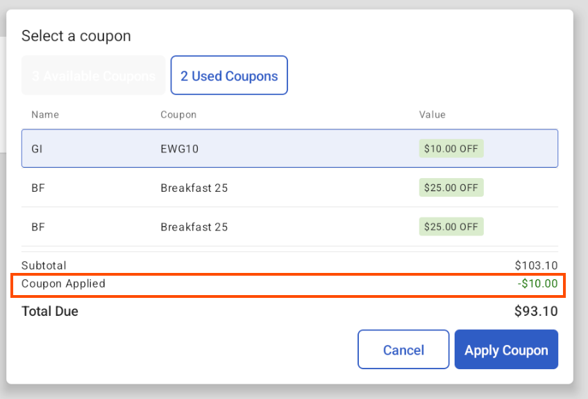 This image emphasizes the coupon applied line item on the Select a coupon dialog.