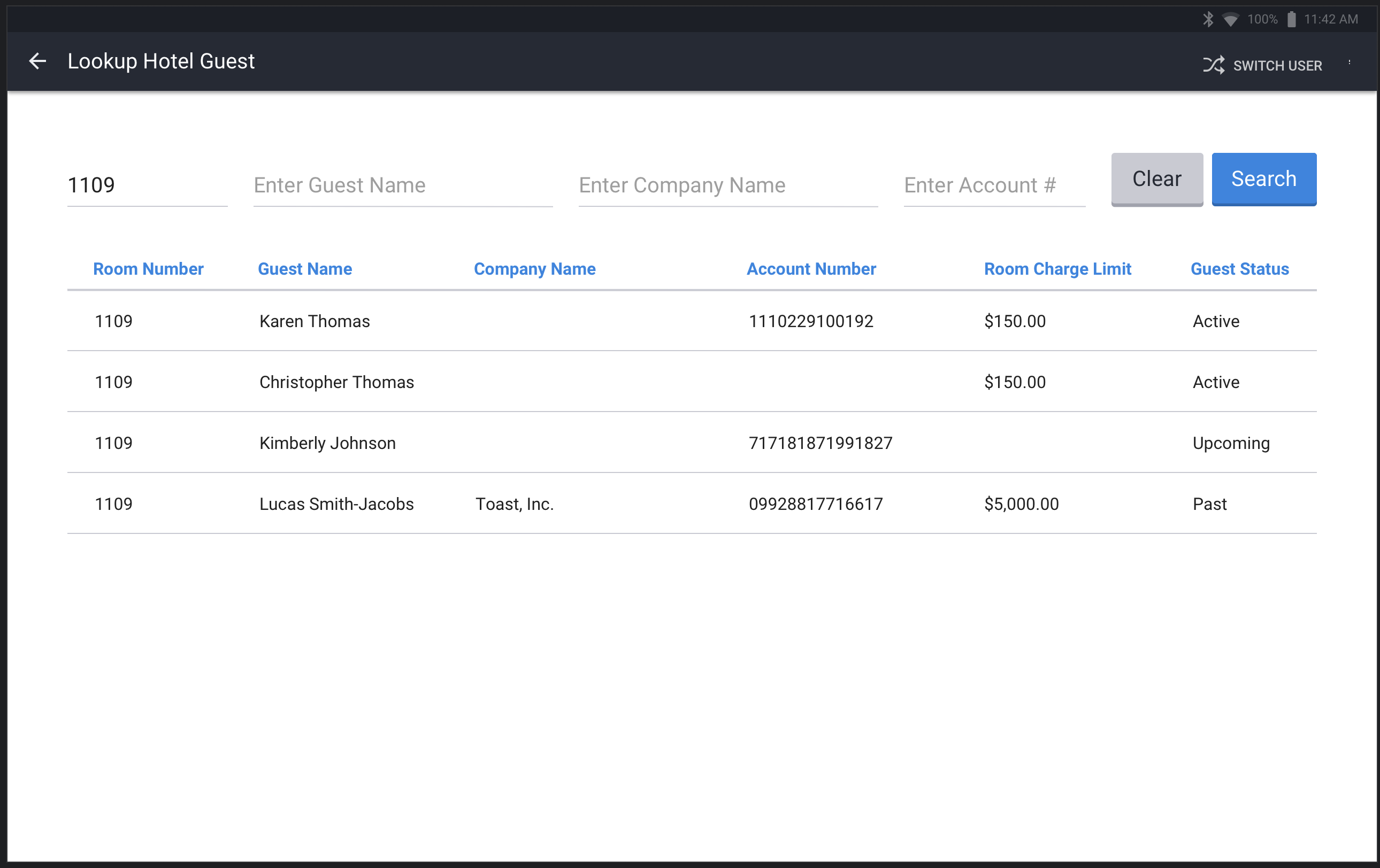 A screenshot of the Lookup Hotel Guest screen after a room number search.